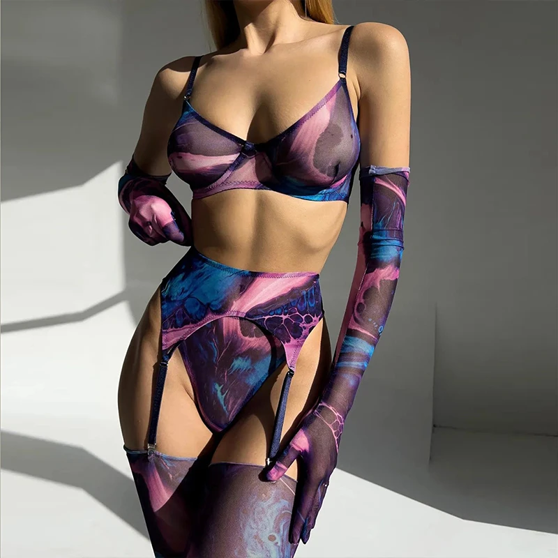 5 Pcs/ Set Tie Dye Lingerie Bra With Stocking Sleeve Glove Sexy Babydoll Underwear Intimate Sleepwear See Through Mesh Outfits