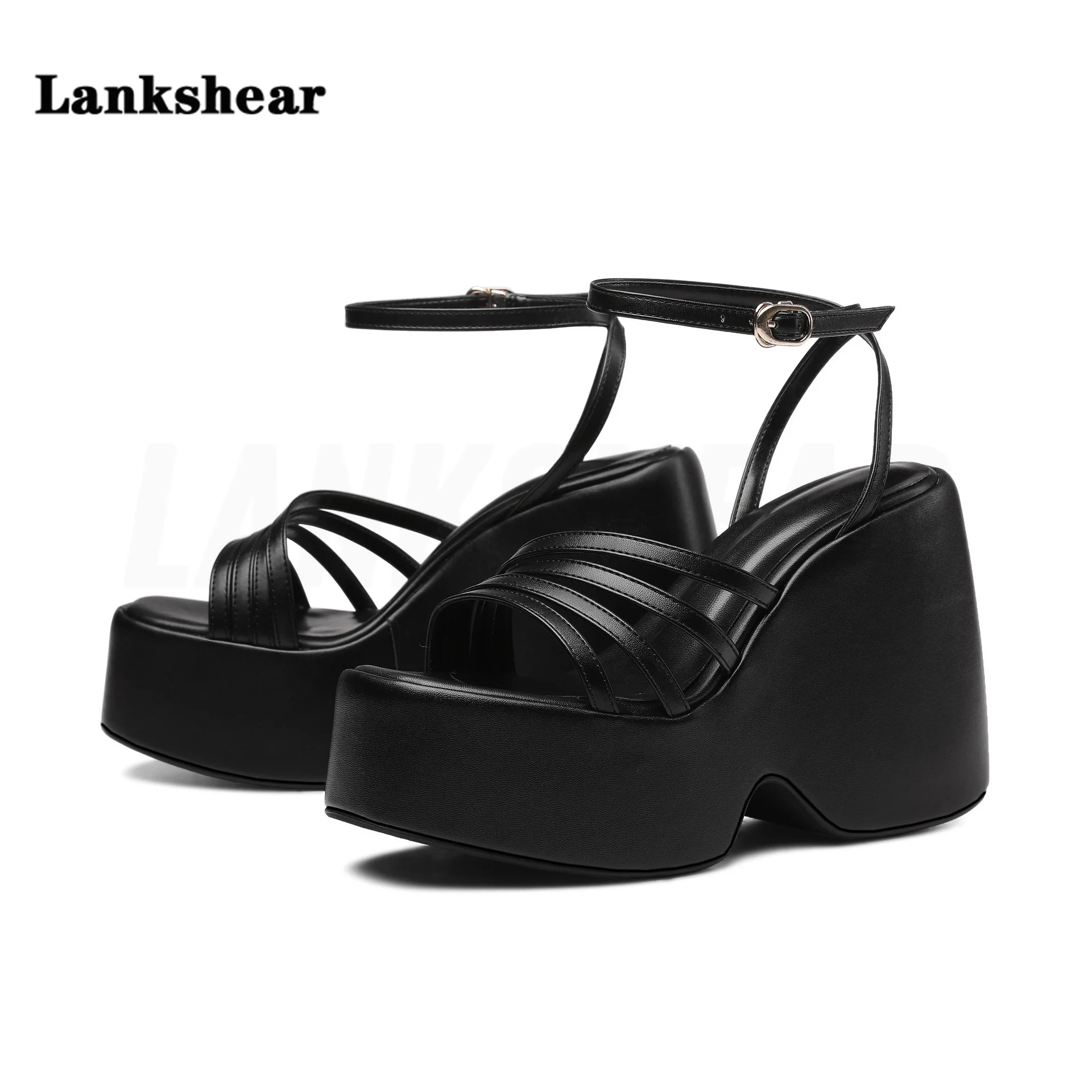 

Black Round Toe One-Word Buckle Strap Thick Bottom Wedge Sandals Waterproof Platform High Heel Large Size Sandals Women