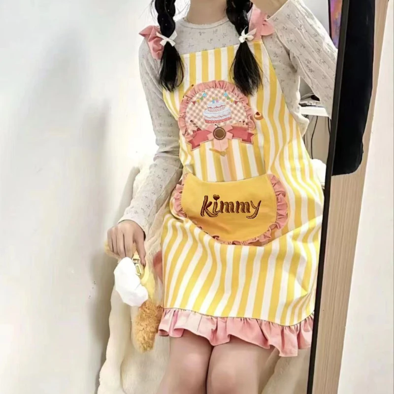 1pc Cute Striped Apron Princess Style Home Apron Loose Lace Dessert Shop Cartoon Apron A Must-have Baking Kitchen Accessories