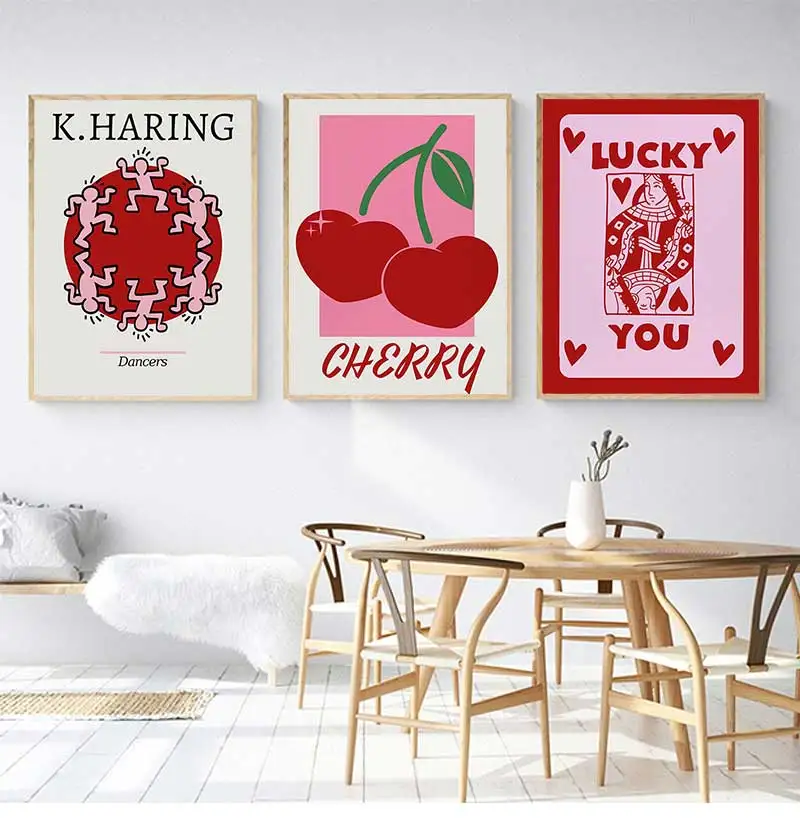 Queen Hearts Poster Lucky You Art Print Cherry Pink Red Canvas Painting Gallery Wall Picture For Living Room Bedroom Funny Decor