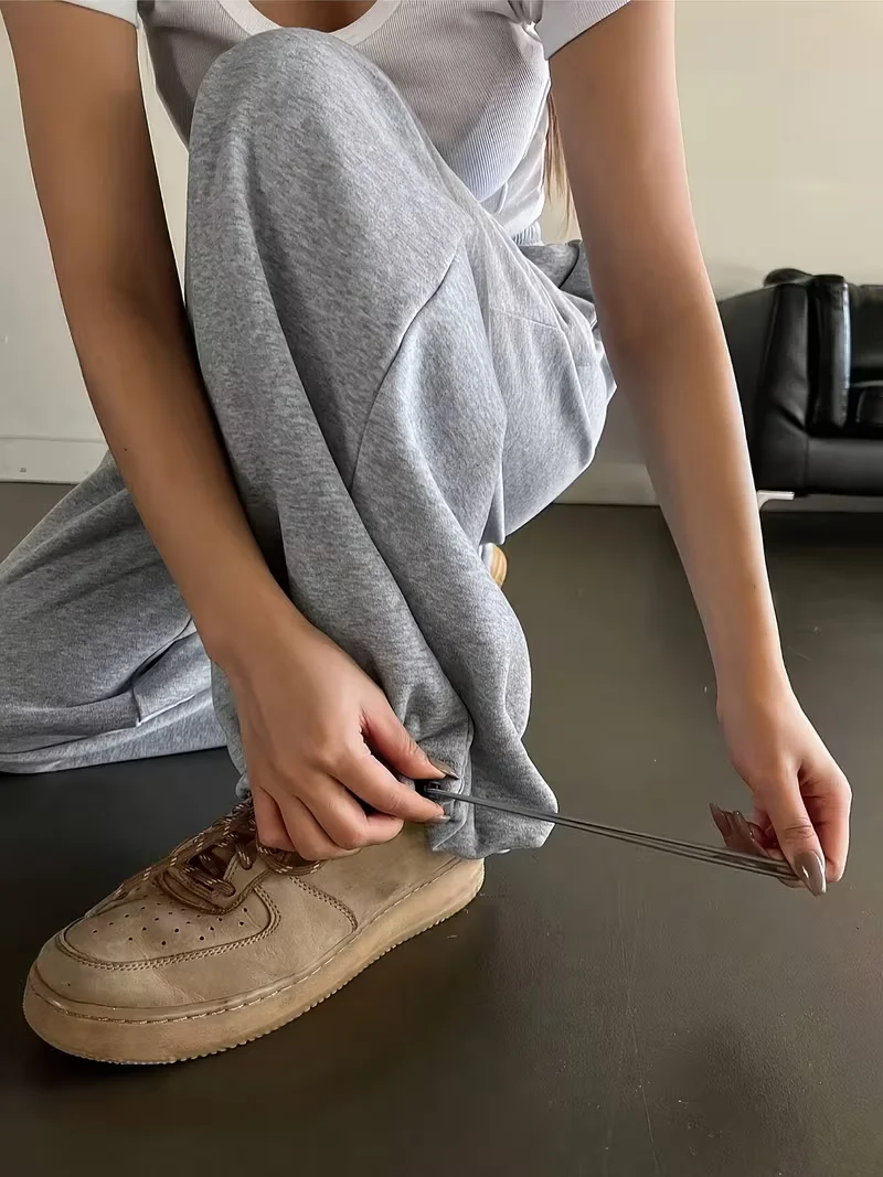 رمادي مستقيم الساق السراويل عارضة مرونة الخصر فضفاضة المرأة واسعة الساق السراويل الرباط Sweatpants الركض الخريف الشتاء للجنسين الرجال