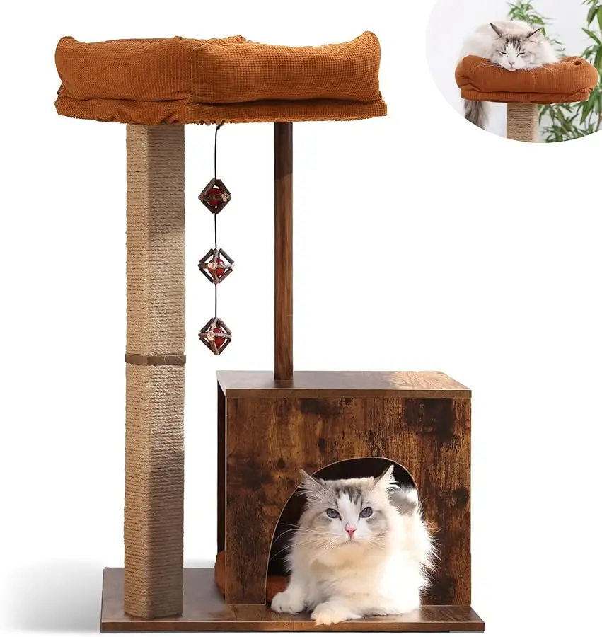 

FUKUMARU Cat Scratching Post, Modern Style Tree with Unique Square Post, Wooden Tower with silvervine Balls, Retro Cat C