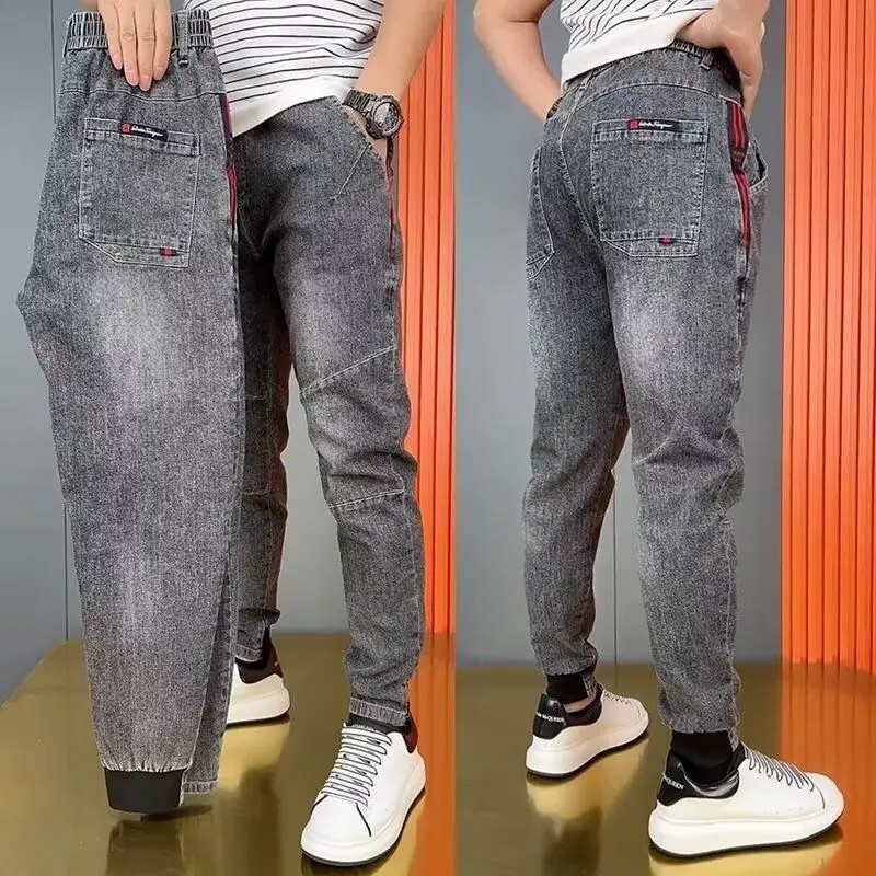 Cowboy Pants Man Men's New Trend Splicing Pants Slim Elastic Tie Feet Versatile Trend Men's Harlan Pants Luxury Brand Men Jeans
