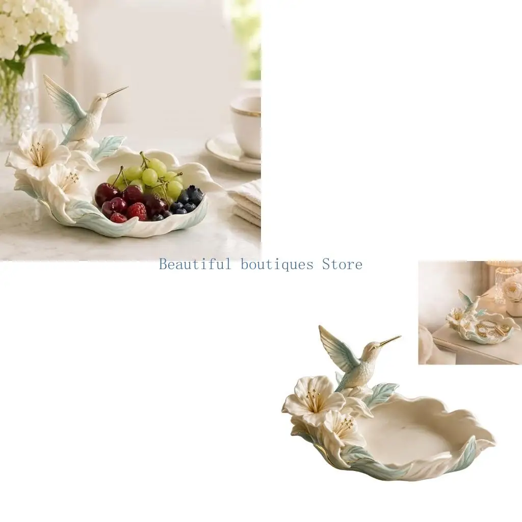 U4LF Small Accessory Dish PLA Decorative Jewelry Tray with Hummingbird Flower Design for Rings Earrings Bracelets on Nightstand