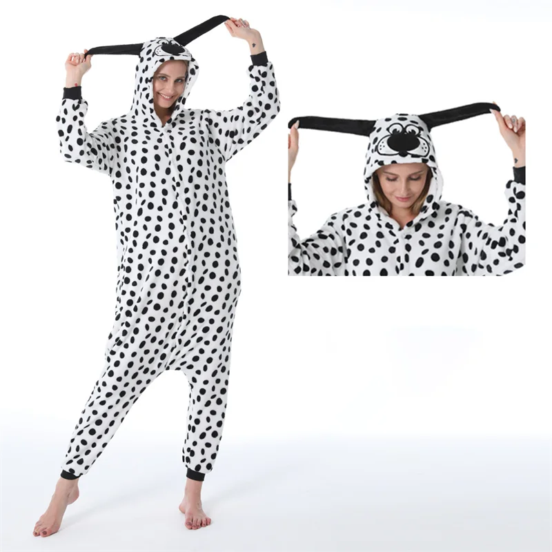 

Black and White Dog Ankle-length Onesies Cartoon Animal One-piece Pajamas Couple Party Cosplay Costumes Loungewear Nightgown