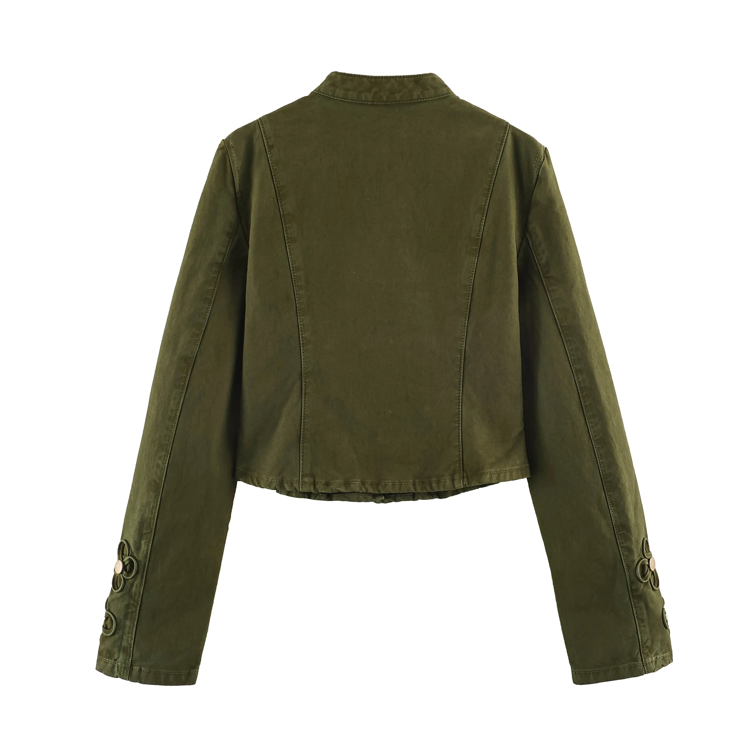 BSAY Autumn New Women Cropped Denim Jacket Stand Collar Frog Button Decor Long Sleeve Vintage Military Style Slim Outerwear Coat