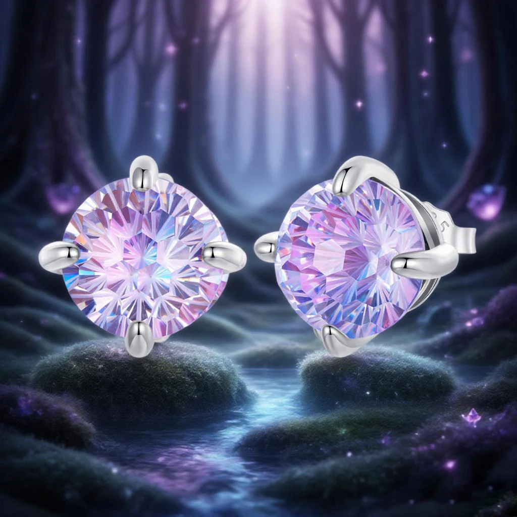 

WOSTU ​925 Silver Firework Zircon Stud Earrings For Women, Rainbow Purple Classical Round Ear Studs Wedding Gift Xmas Jewelry