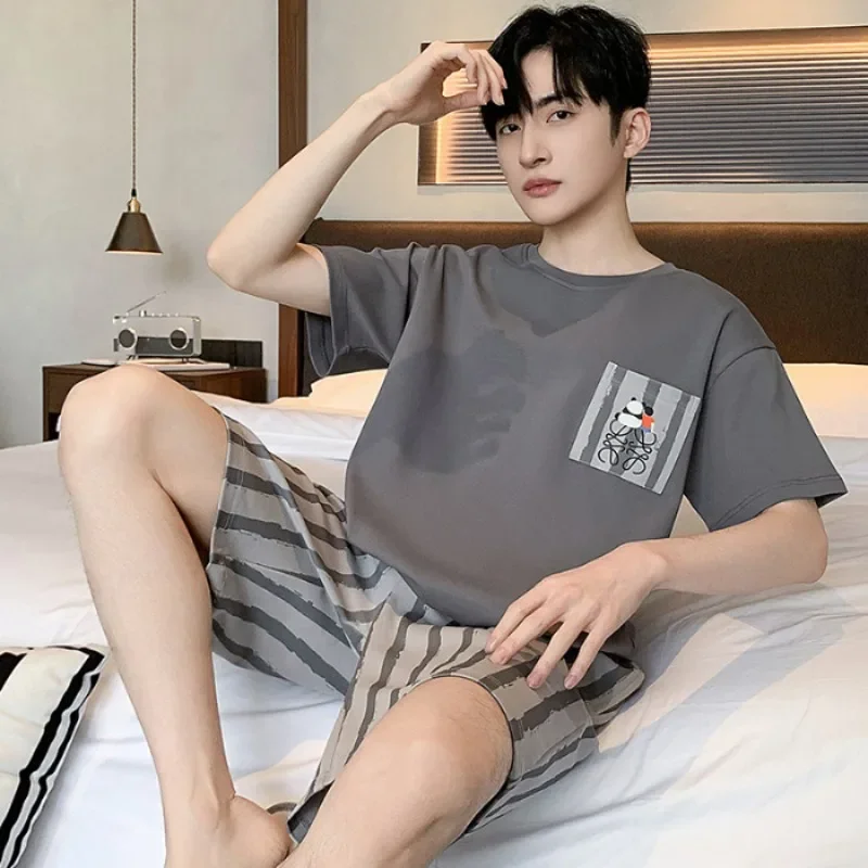 

Large Size Summer Men's Pajamas Print Cotton Short Sleeved Shorts Teenage Students Cartoon Sleepwear Casual Home Clothes Outfits