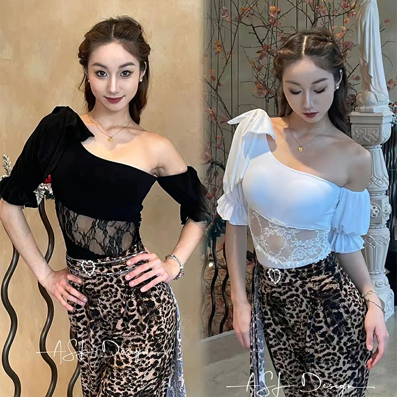 

2024 Latin Dance Clothes Oblique Shoulder Lace Tops Ballroom Dance Performance Costume Black White Leotard Adult Dance Top 12828