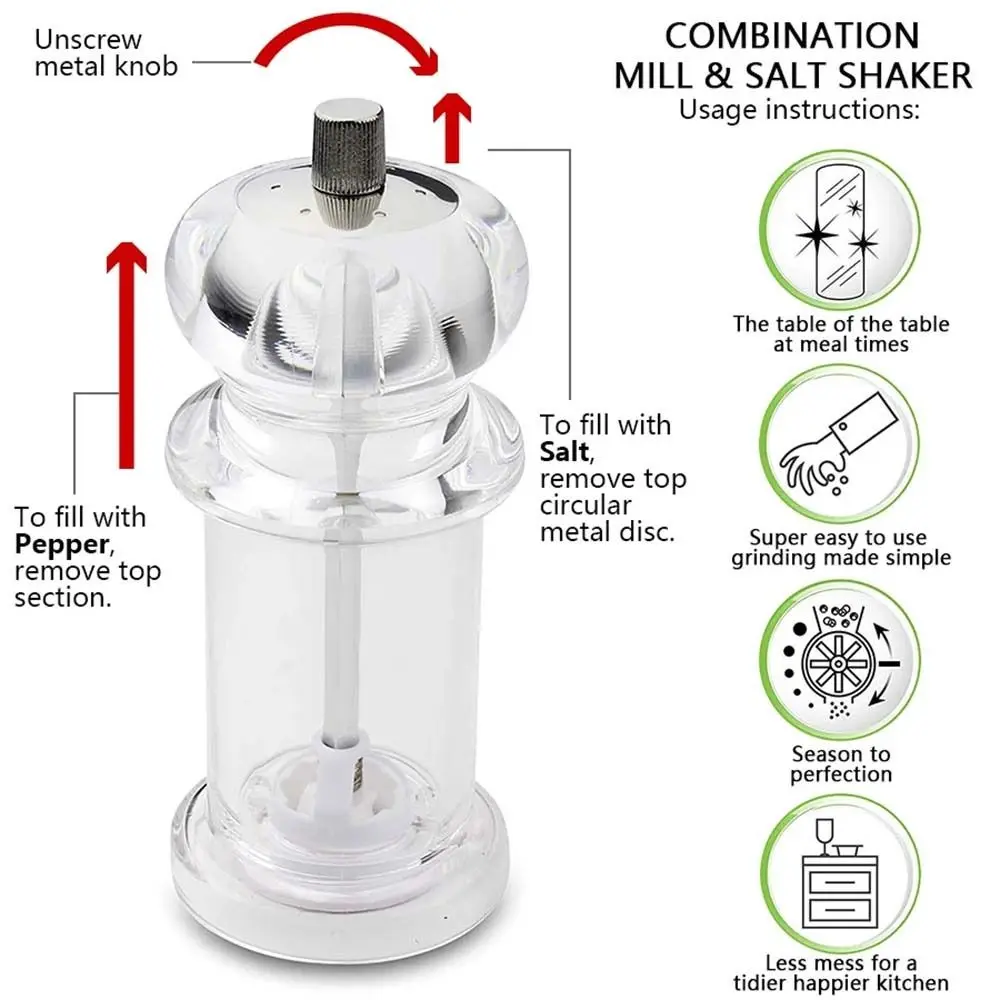 1Pcs Durable Acrylic Pepper Grinder Portable 4/5/6 Inch Salt Pepper Shakers Ceramic Rotor Seasoning Kitchen Tool