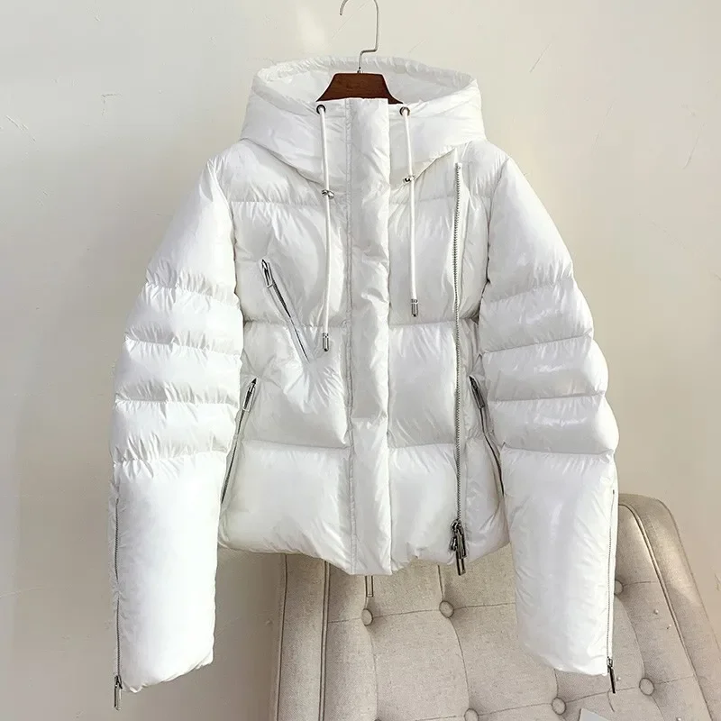 

2024 New Winter Women Glossy White Duck Down Jackets Female Short Thick Warm Overcoats Ladies Solid Color Hooded Coats Q893