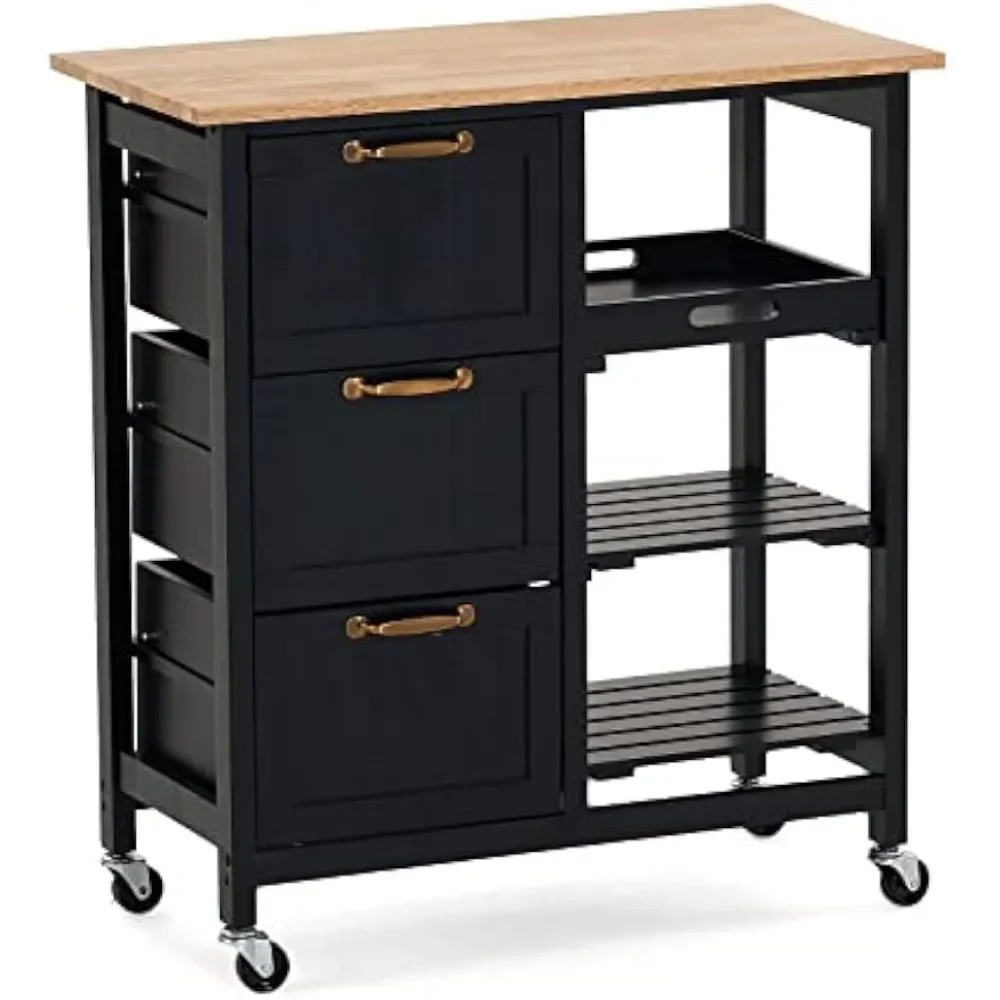 Storage Rack Trolley, Kitchen Island Cart with 3 Drawers 2 Tier Rack Removable Tray Black Rolling Kitchen Storage, Kitchen Cart