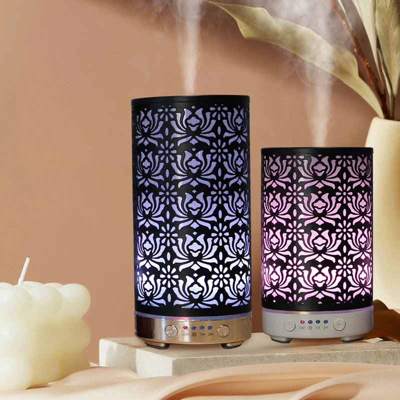 Aroma Diffuser Scent Ultrasonic Air Humidifier Iron Art Hollow Lotus Flower Pattern 2023 New Home Decorations with LED Lights