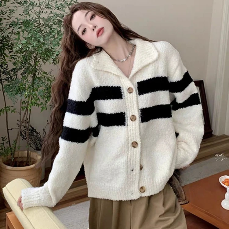 

Vintage turtleneck black and white striped knitted cardigan women's autumn winter contrasting colors oversized sweater lazy coat