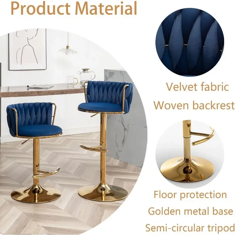 Gold Velvet Bar Stools para Kitchen Island, altura do contador, costas baixas, fezes giratórias, conjunto de 4