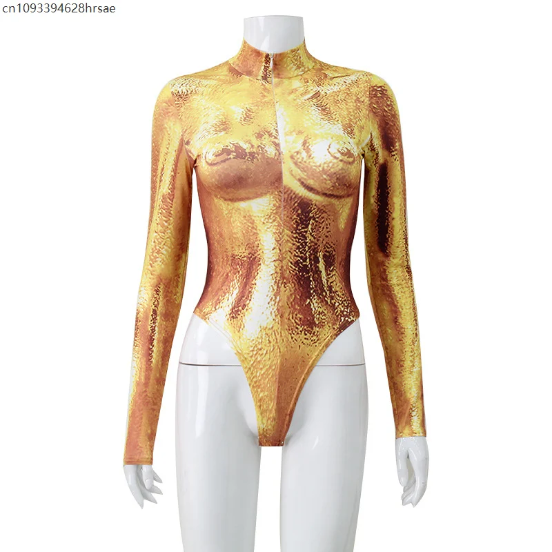 الذهب والفضة عطلة حزب المرأة مثير ارتداءها طويلة الأكمام ملابس السباحة الشاطئ سستة المايوه تأثيري بذلة ارتداء