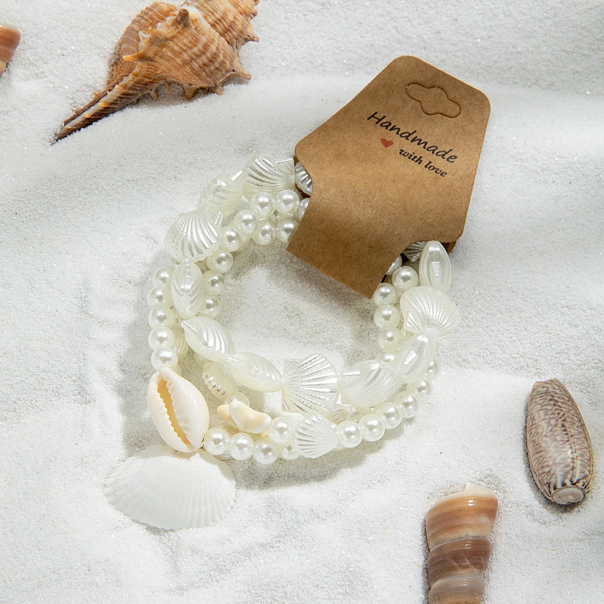4-piece Bohemian style multi piece stacked shell imitation pearl bracelet suitable for daily wear, vacation gifts, summer