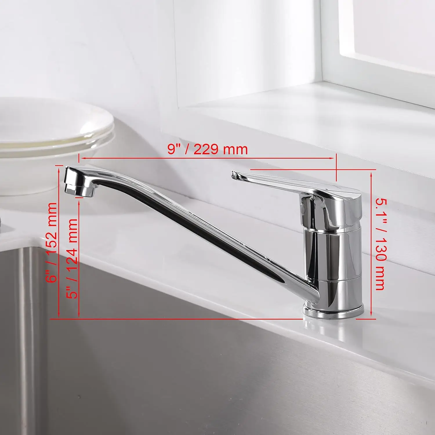 Kitchen Sink Mixer Tap, Caravan Tap, Monobloc Single Top Lever with Long Swivel Spout, Single Handle 360° Swivel