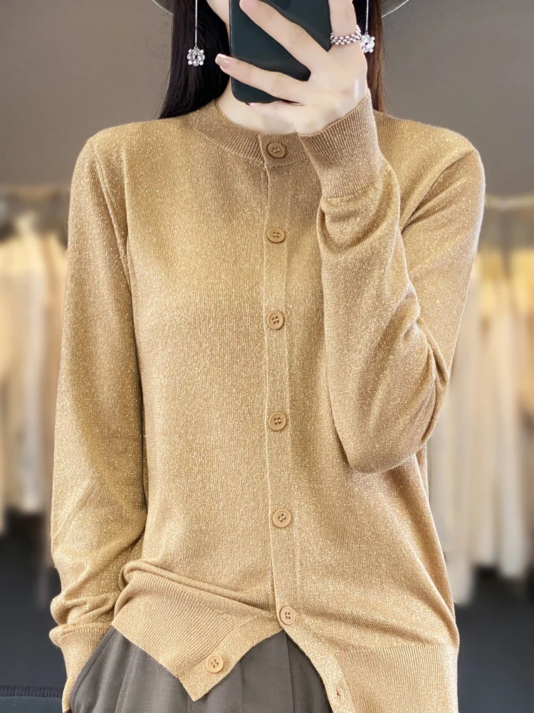 Spring and autumn gold and silver silk worsted wool cardigan loose and casual solid round neck women's top