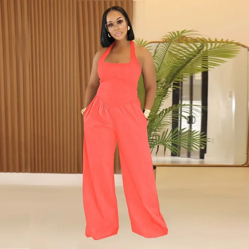 Casual solto macacões feminino sólido quadrado pescoço halter sem costas calças de perna larga uma peça macacão moda streetwear macacão