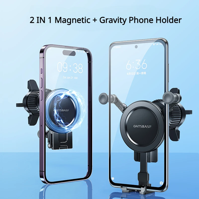 Oatsbasf 2 in 1 Magnetic + Gravity Phone Holder Car Phone Stand Universal Car Bracket Alloy Support Holder for 4-7.2inch Devices