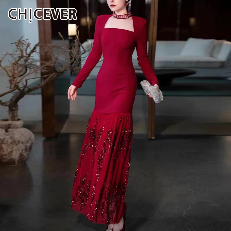 CHICEVER Sexy Luxury Maxi Dresses For Woman Square Collar Long Sleeve High Waist Spliced Tassel Sequins Dress Female Autumn 2024