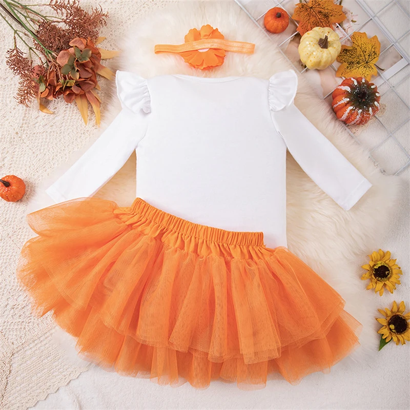 0-18 Months Baby Girls 3PCS Halloween Sets Flying Sleeve Letter Witch Hat Print Romper Tulle Skirt Headband Sets