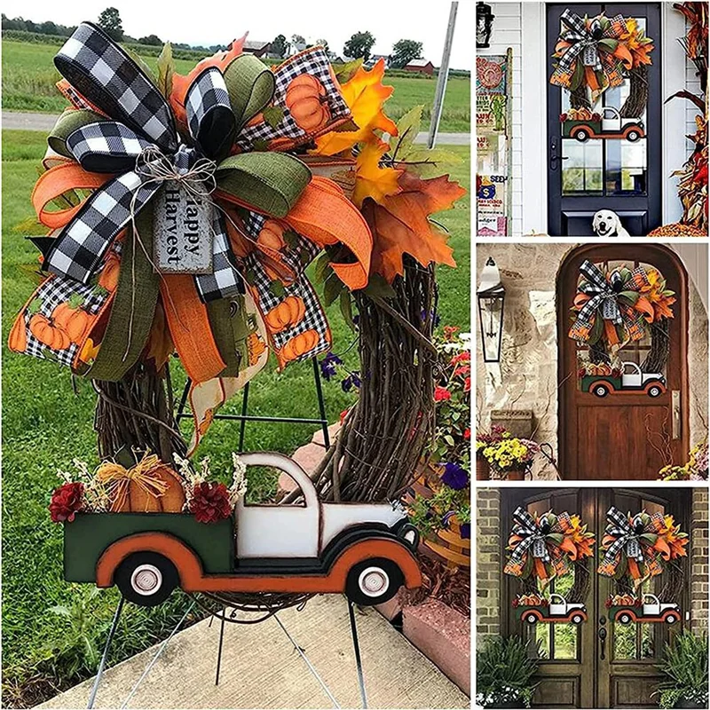 Halloween Wreath Wooden Pumpkin Truck Handmade, 30X30X4cm Autumn Harvest Vintage Farmhouse Thanksgiving Decorations
