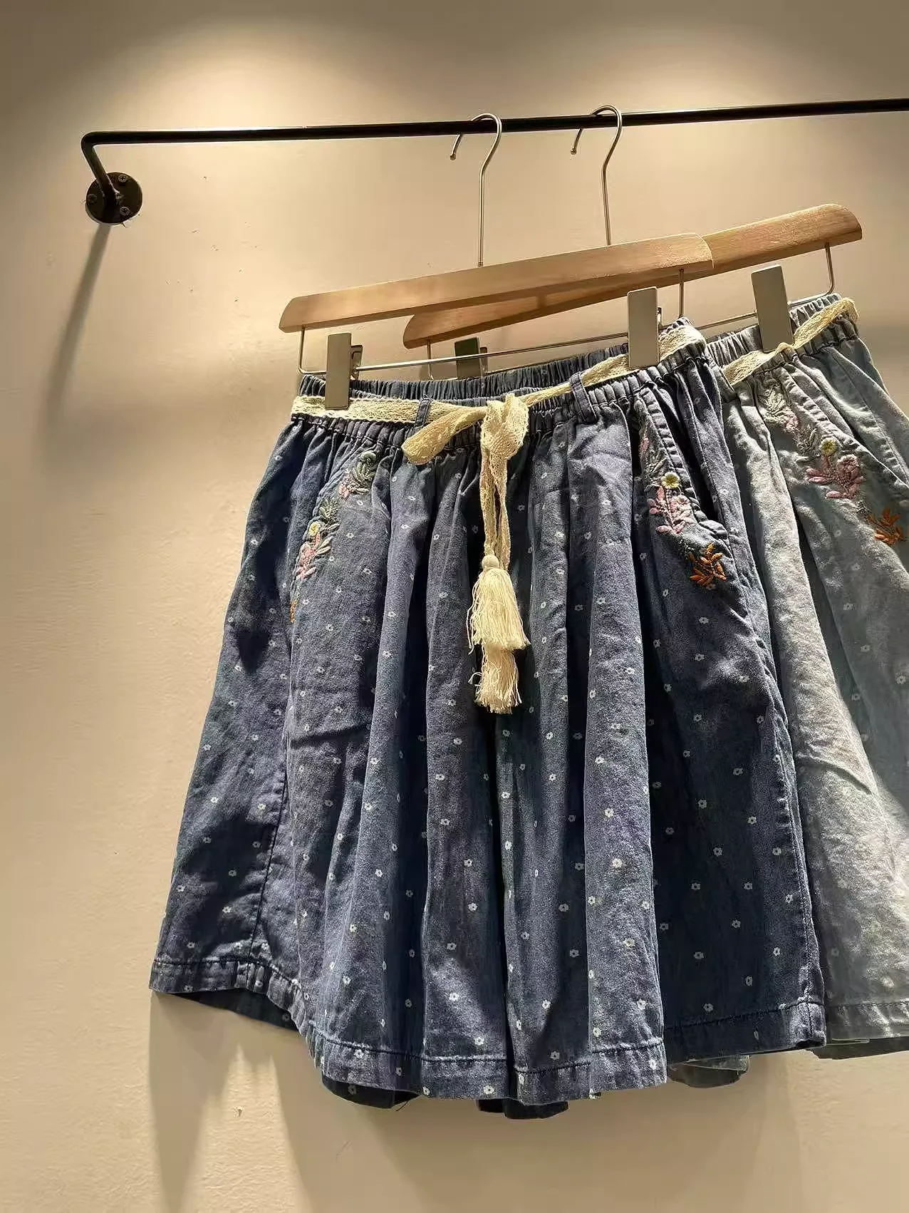 2027 Mori Girl Clothing Japan Style Elastic Waist Soft Blue Flower Embroidered Denim Shorts for Women Summer Jean Shorts