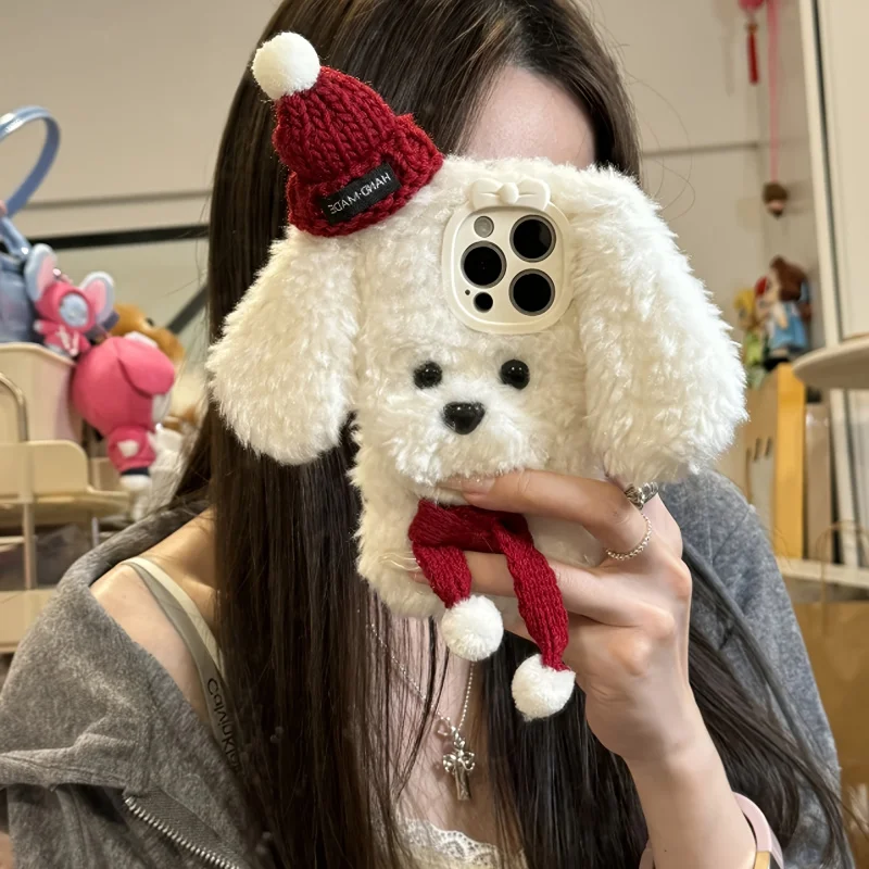 

Autumn and Winter Style 3D Scarf Knitted Hat Dog Plush Phone Case Suitable foriPhone 16 Pro Max
