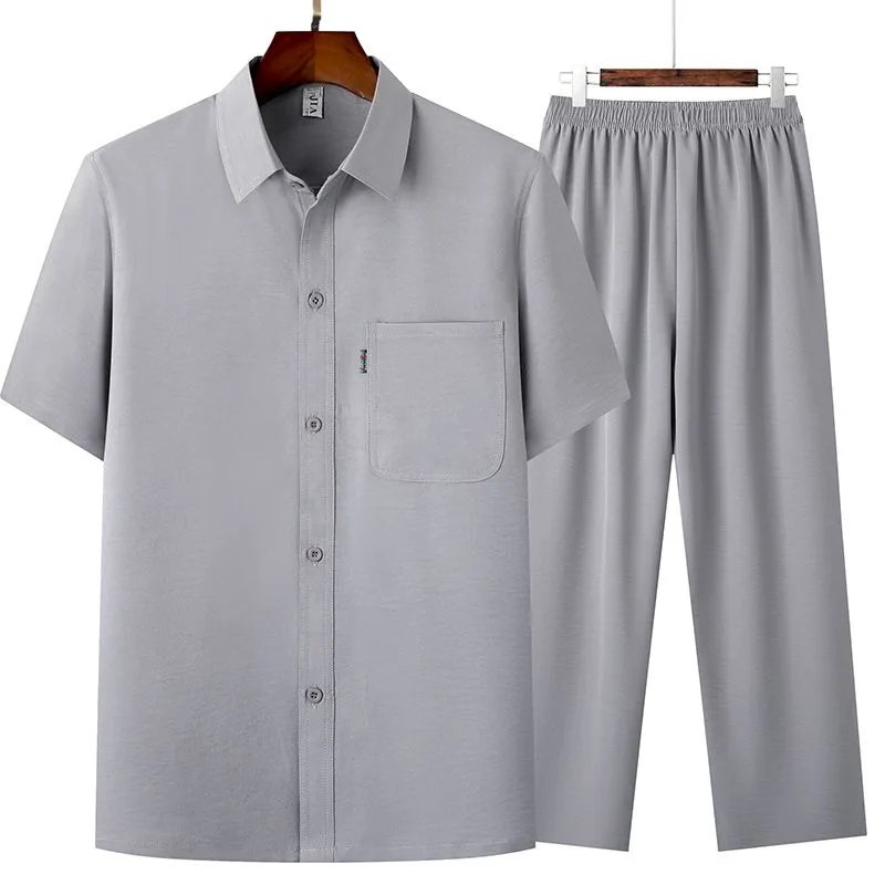 Summer New Fashion Trendy Solid Color Breathable Short Sleeve Shirt Set Men's Casual Loose Sporty Plus Size Two-Piece Set