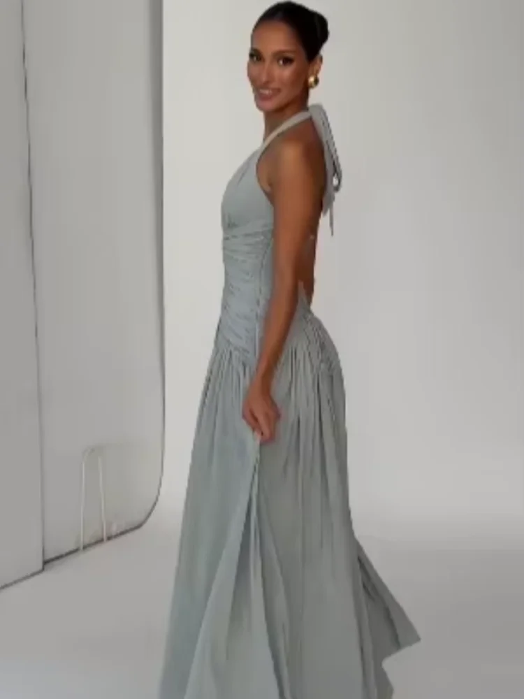 

Элегантное плиссированное платье-халтер для женщин, сексуальное однотонное платье без рукавов с открытой спиной, приталенное, облегающее, макси, для вечеринок и торжественных мероприятий 2026