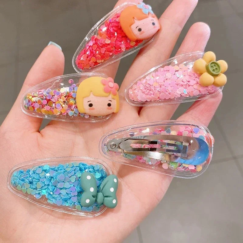 5pcs/Set Cute Fruit Quicksand Sequins Snap BB Clips Children Cartoon Rainbow Animal Bangs Hairpin Side Barrettes