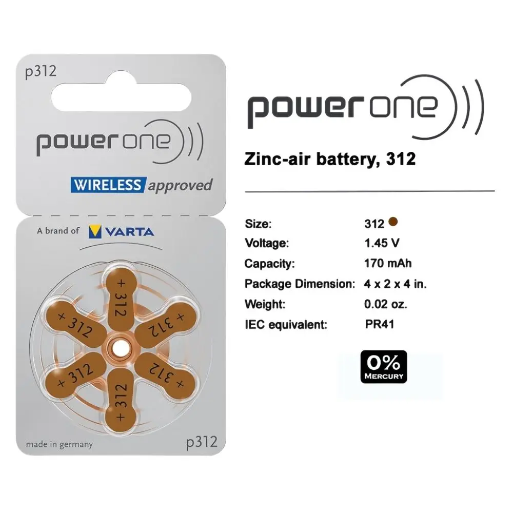 Immagine 6: 60 batterie per apparecchi acustici Power One 312 marroni, taglia arancione, PR41 zinco-aria, confezione da 10.