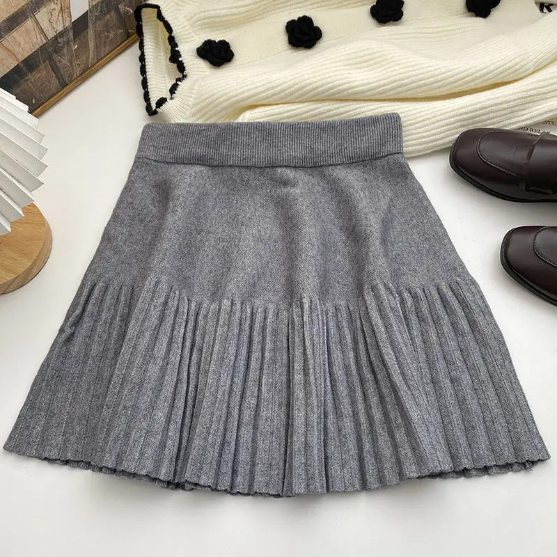 

Knited Skirt Ladies Autumn Winter clothes Women's High Waist Harajuku Korean Style Black Mini Pleated Skirt For Girl Uniform