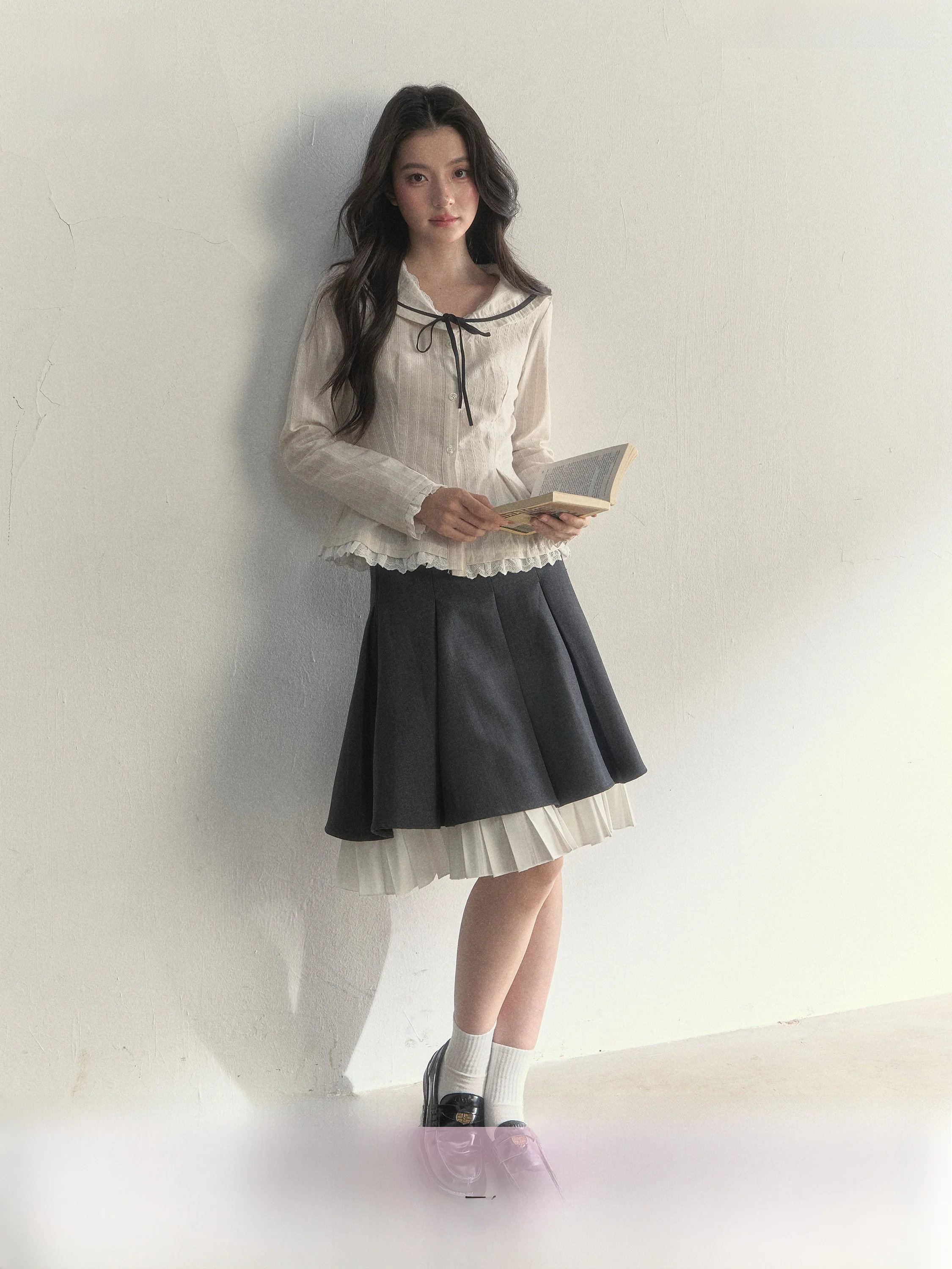 

SunsetPark Vintage Style Long Sleeve Navy Collar Shirt Texture Sensation Gentle Girl Cotton Polyester Blend Waist Cinched