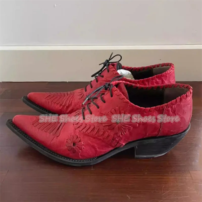 

Retro Sewing Design Flower Decor Women Brogue Shoes Pointed Toe Chunky Heel Lace-Up Oxfords Shoes Lady Business Formal Loafers