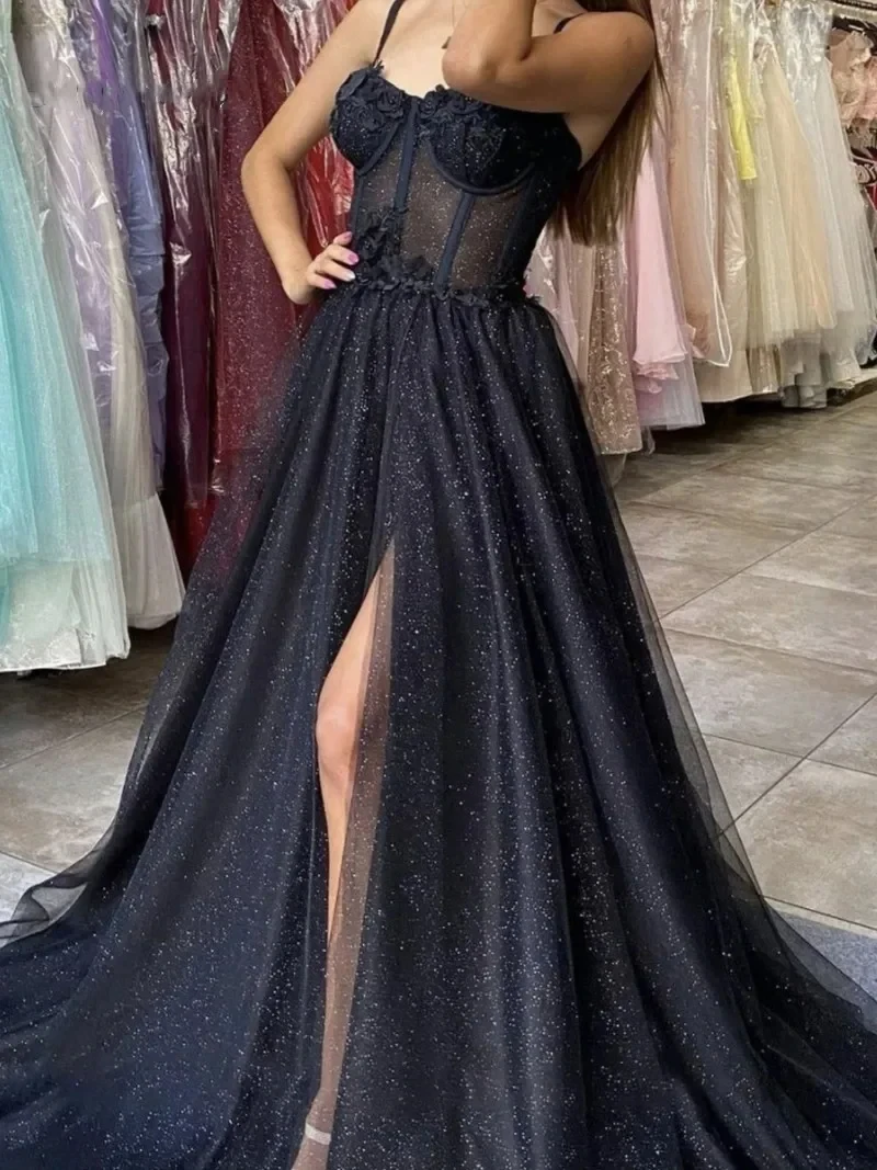 2024  Black Gothic Wedding Dress With Color A-Line Sparkle Tulle Illusion Top Modern Chic Black Bridal Gowns With Straps