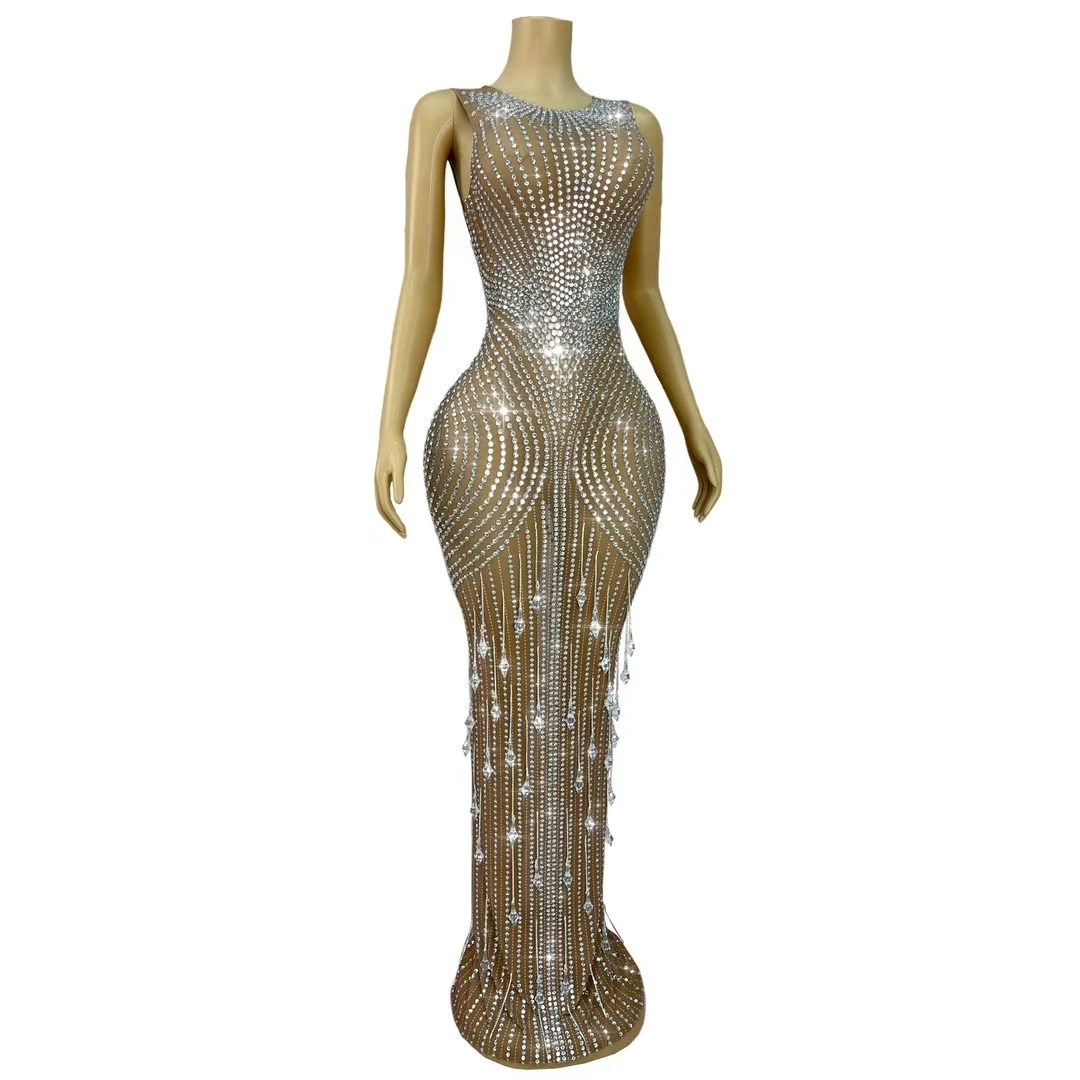 Guyawen High-end Luxurious Sparkly Crystals Pendants Outfit Mesh Dress Evening Wedding Elegant Gown Red Carpet Prom Costumes