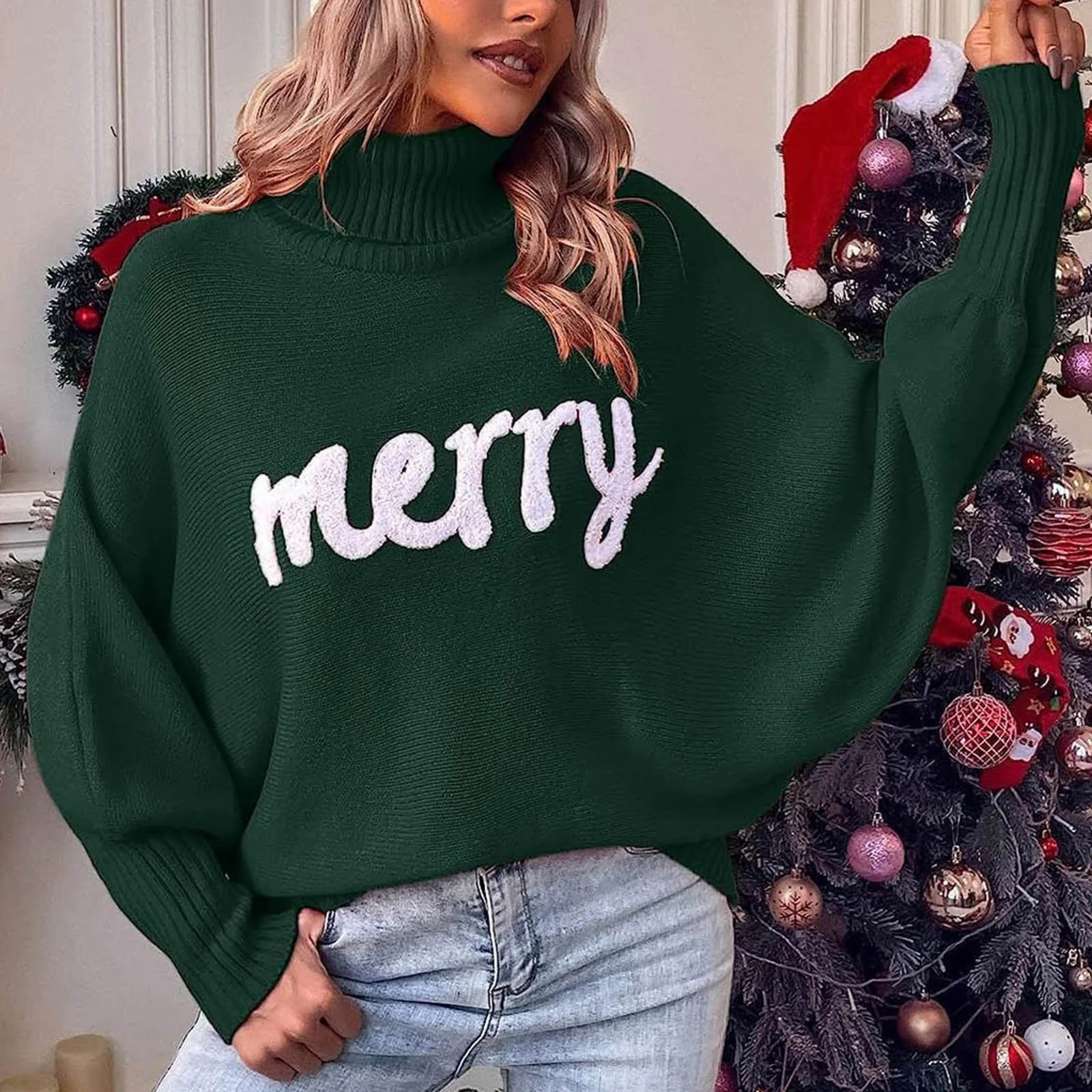 2024 Europe And The United States High-Neck Jumper Women's Autumn And Winter Loose Bat Sleeve Letter Knitted Jumper Women's Tops