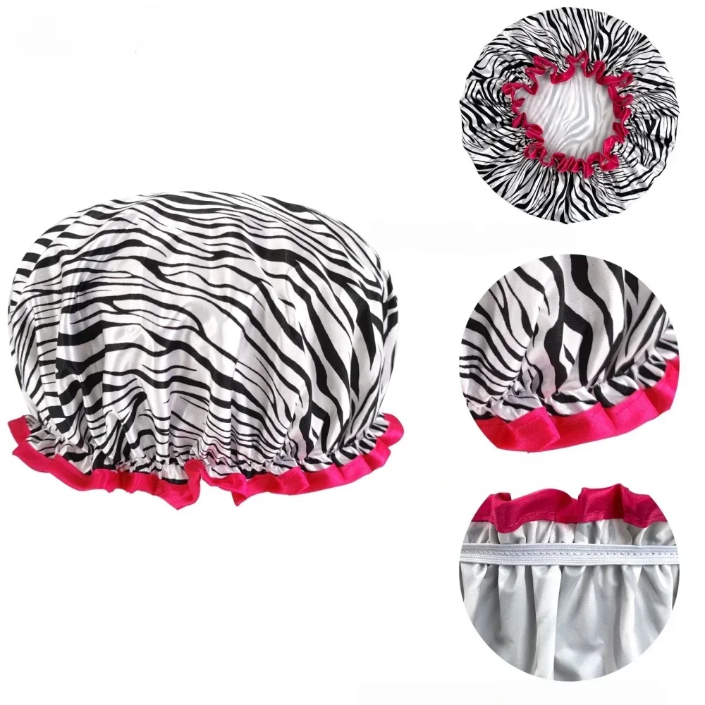 Reusable Leopard Print Waterproof Shower Cap Double Layer Elastic Hair Cover Quick Dry Bathroom Hat