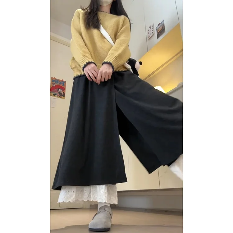 กางเกงลำลองเอวสูงผ้าลูกไม้สำหรับผู้หญิง ฤดูใบไม้ร่วง ฤดูหนาว แฟชั่นใหม่ ป้องกันริ้วรอย ไซส์เล็ก กระโปรงกางเกงแบบต่อผ้า สไตล์สบายๆ