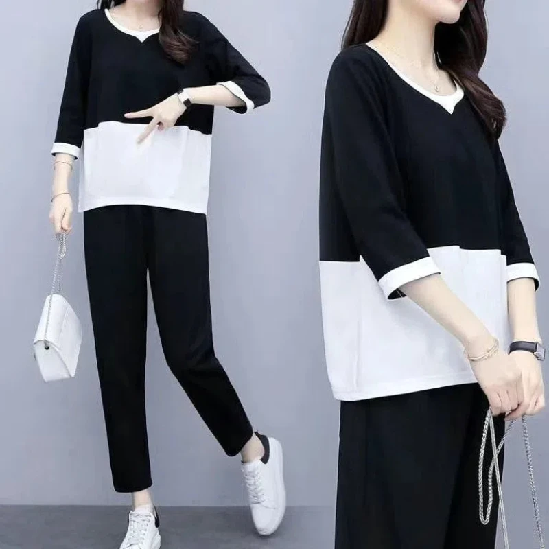 女性用ツーピースセット,ラウンドカラー,ポケット,ルーズフィット,ミニマリストフィッティング,プルオーバー,七分袖トップ,ストレートパンツ,夏のファッション,新しいコレクション2024