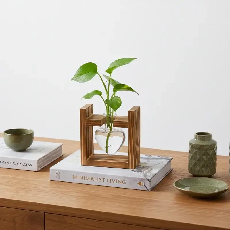 Glass Planter Propagation Station with Wooden Stand Modern Tabletop Hydroponic Plant Vase for Living Room Desktop