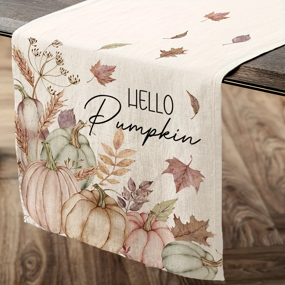 

Polyester Table Runner Hello Pumpkin Themed Beige Surface Classy for Dining Area Table Decor Attractive Pumpkin Leaf Pattern