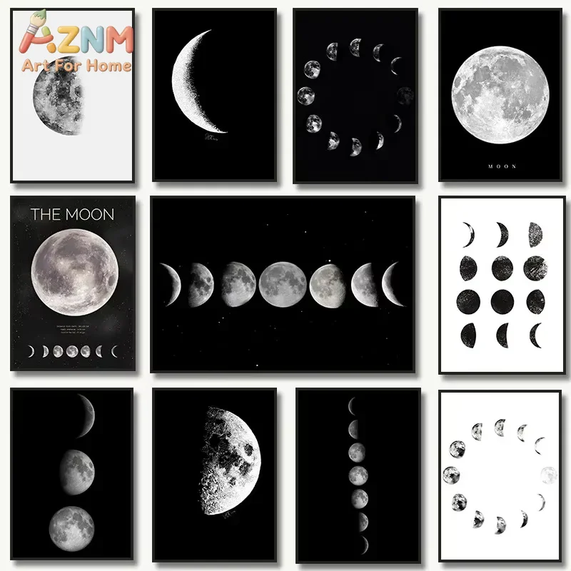 AZNM Black White Art Moon Phase Posters Aesthetic Canvas Prints Painting Wall Picture For Living Room Bar Cafe Home Decor