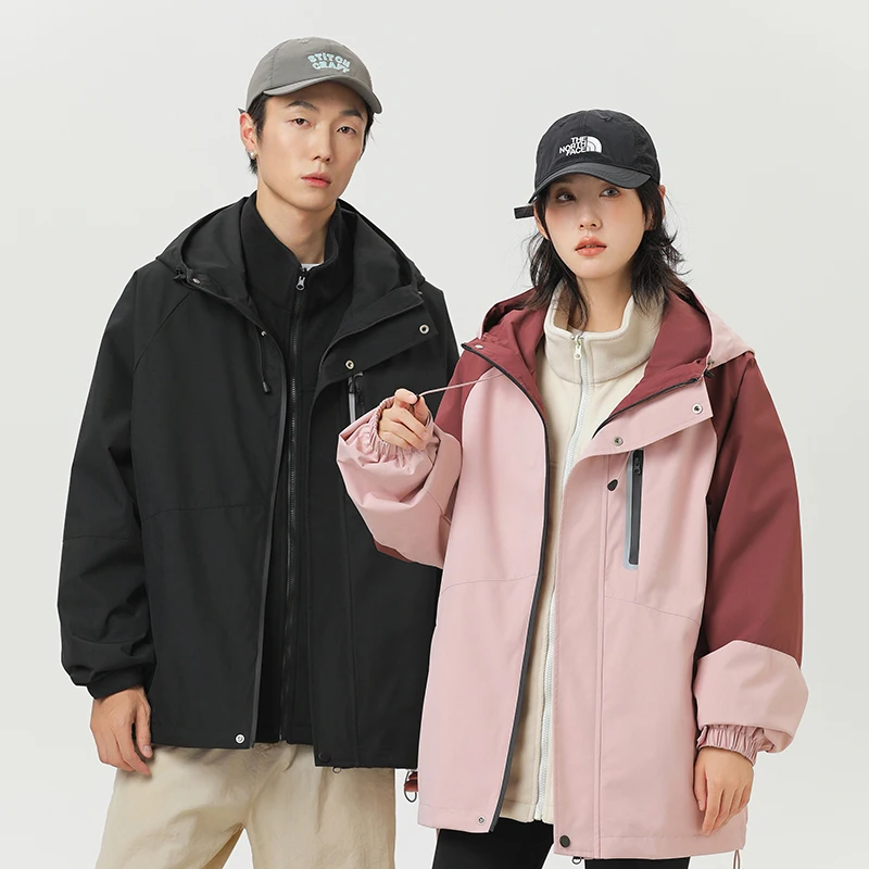 Autumn Winter Unisex Three-in-One Detachable Outdoor Hiking Waterproof Cargo Jacket Men Women Windproof Warm Hooded Jackets Coat