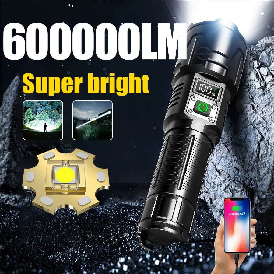 

600000LM Bright LED Flashlight Powerful Rechargeable Portable Multifunctional Lights Long Shot 2000M Outdoor Emergency Camping