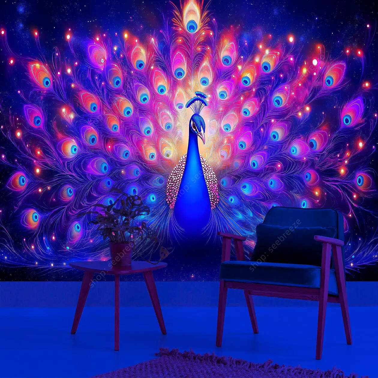 Bohemian Peacock Wall Hanging UV Tapestry Vibrant Luminous Feathers Art Colorful Home Decor Room Dormitory Wall Decorations