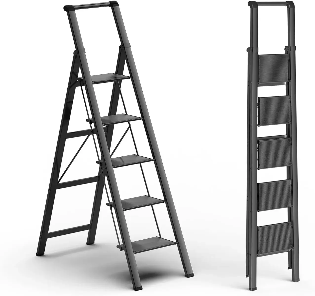 GameGem 5 Steps Lightweight Aluminum Ladder Folding Step Stool Stepladders with Anti-Slip and Wide Pedal